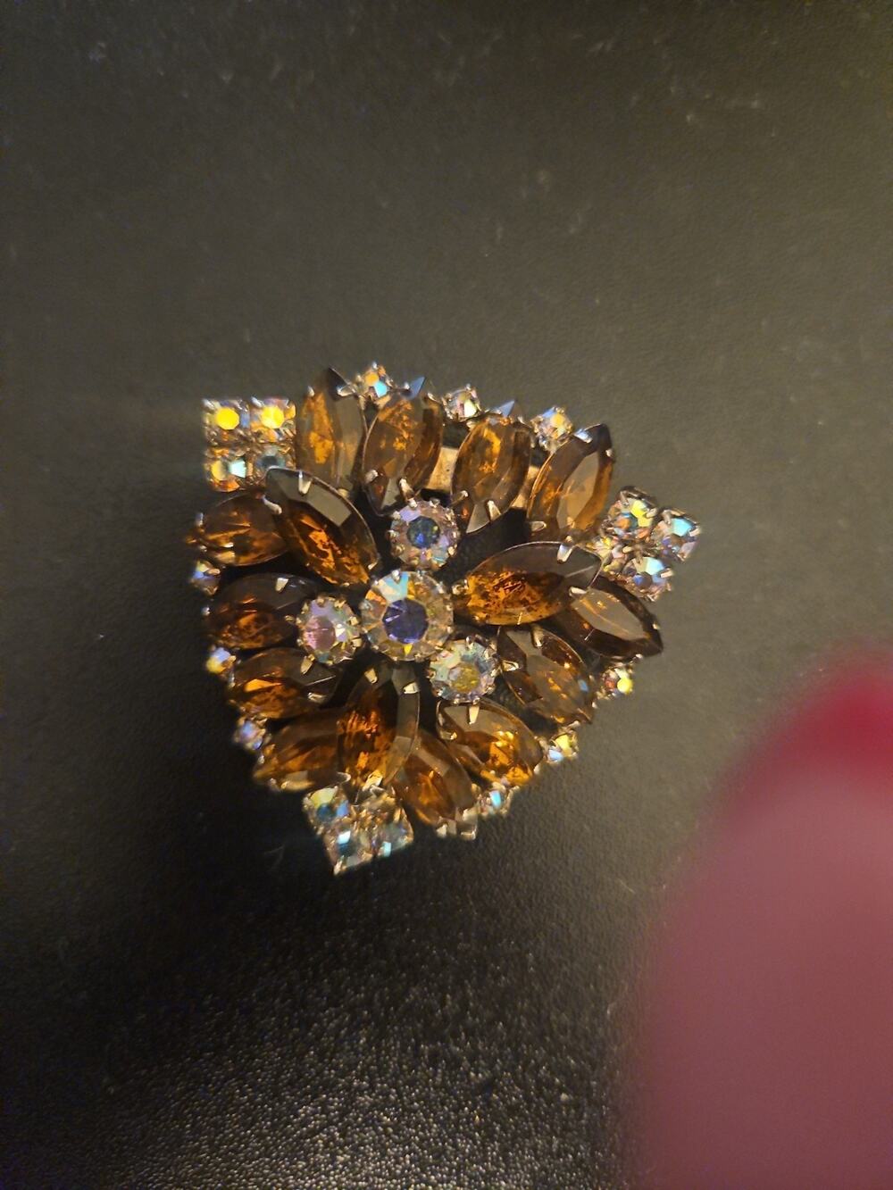 Vintage Amber Smoky Topaz AB Rhinestone Floral Starburst Brooch Pin Silver Tone